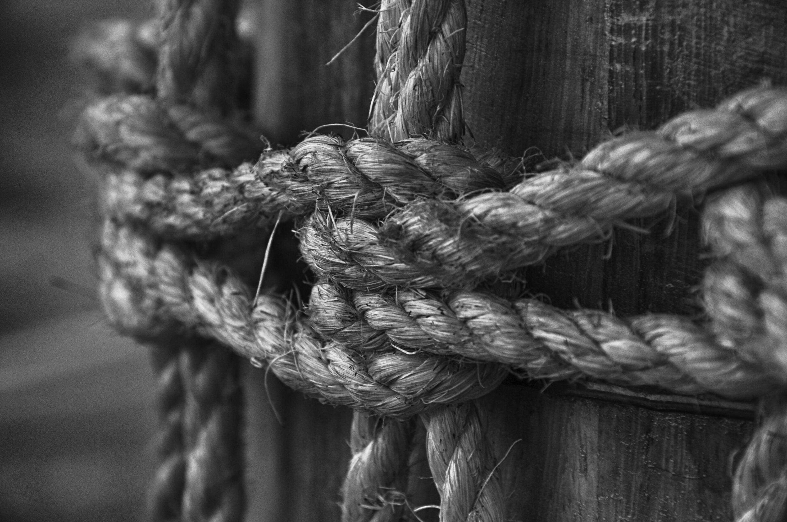 A detailed black and white close-up of a rope knot on a wooden post, highlighting texture.